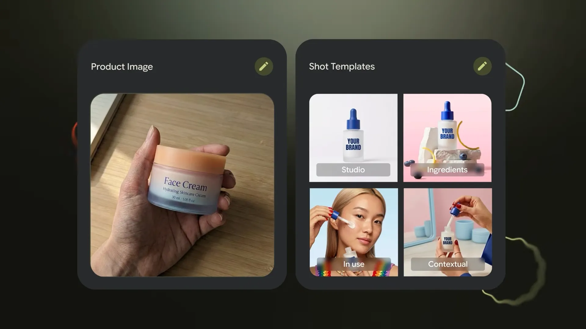 Pomelli의 Photoshoot 기능: 원본 이미지 업로드 및 템플릿 선택 화면