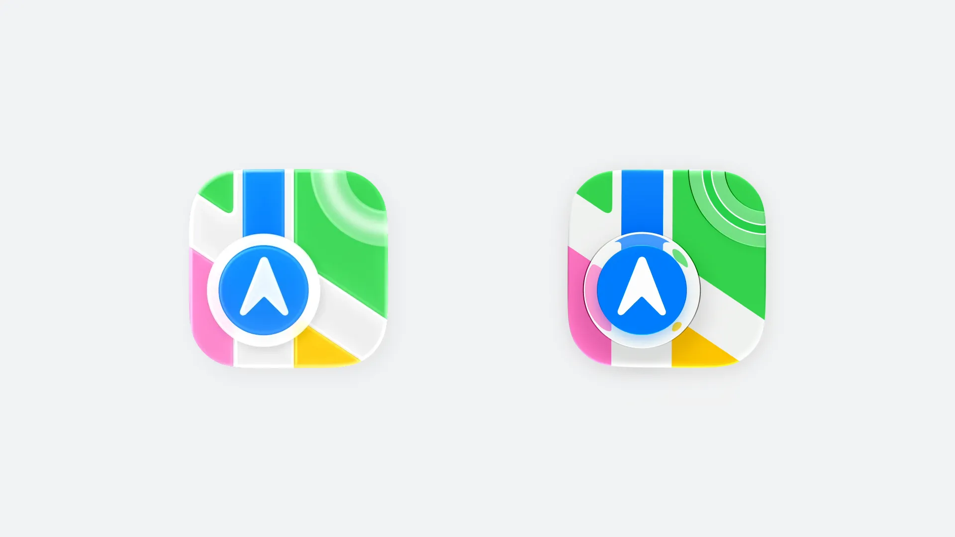 Apple Maps 앱 아이콘 비교 - (좌) iOS 26 버전, (우) iOS 27 버전